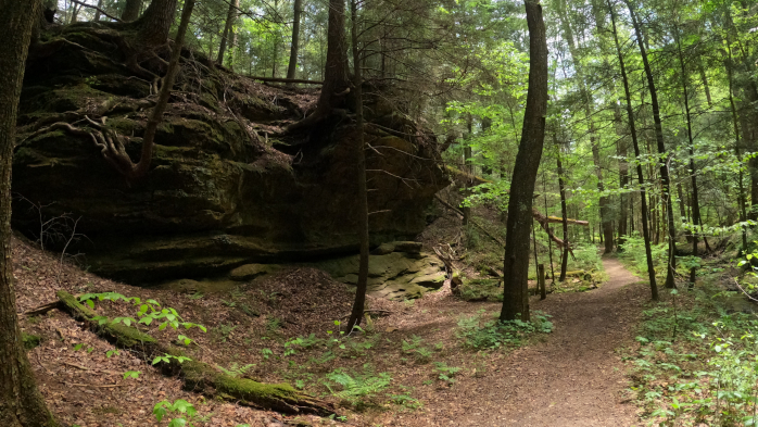 Along Hemlock Trail with rock formations and hemlock canopy.