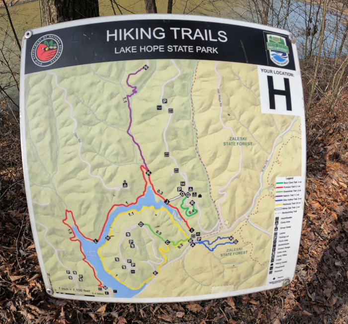 Lake Hope State Park Peninsula Trail Map in The Hocking Hills of Ohio.