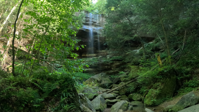 Hidden waterfall in the Hocking Hills State Forest rock-climbing area