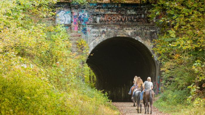 Horseback rides in the Hocking Hills! Take a ride through an old ghost town and the famous Moonville Tunnel, King Tunnel, or other family horseback rides!